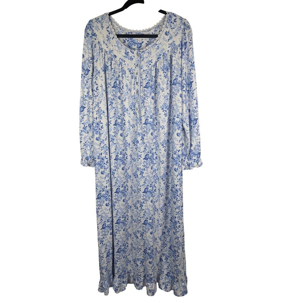 Eileen West Womens Blue Floral Toile Lace Trim Long Sleeve Nightgown Size M